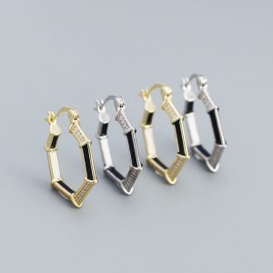 Fashion Geometry CZ Hexagon 925 Sterling Silver Hoop Earrings - Image 2