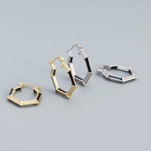 Fashion Geometry CZ Hexagon 925 Sterling Silver Hoop Earrings - Image 3