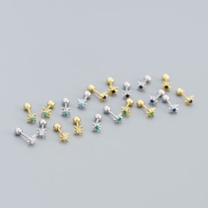 Mini CZ Eight Pointed Star Screw 925 Sterling Silver Stud Earrings - Image 2