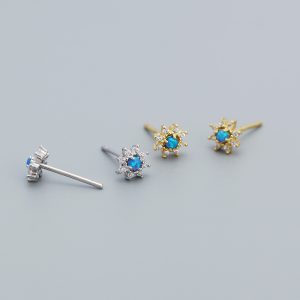 Cute Mini Blue Created Opal CZ Flower 925 Sterling Silver Stud Earrings - Image 1