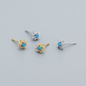 Cute Mini Blue Created Opal CZ Flower 925 Sterling Silver Stud Earrings - Image 2