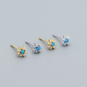 Cute Mini Blue Created Opal CZ Flower 925 Sterling Silver Stud Earrings - Image 3