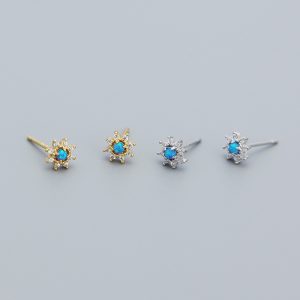 Cute Mini Blue Created Opal CZ Flower 925 Sterling Silver Stud Earrings - Image 4